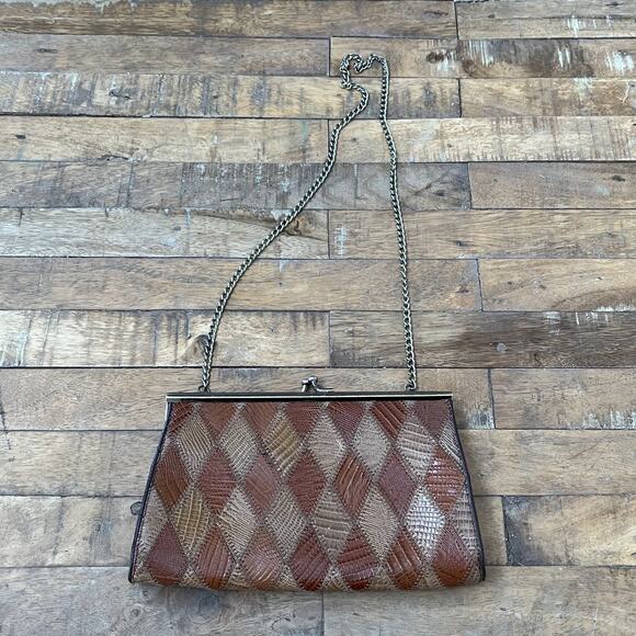 Unbranded Handbags - Vintage Clutch Handbag Kiss Lock Genuine Teju Lizard Skin Leather Patchwork